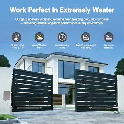 C01-L Solar Gate Openers with Batteries & Solar Panel for Dual Swing Gate Up to 14ft Long or 440lb Per Arm, Automatic Gate Openers for Driveway Dual Swing Gate with Long-Range Gate Opener Remote - size: Solar Dual Swing Gate Opener