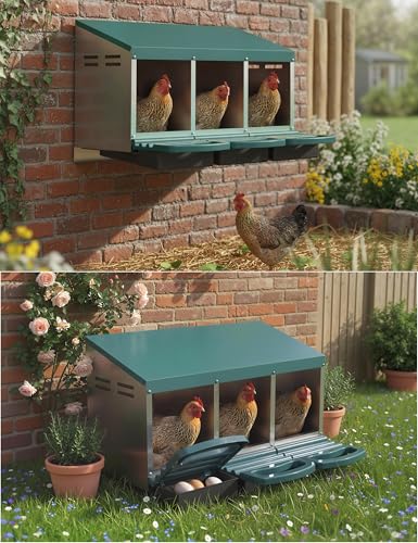 3 Hole Roll Away Chicken Nesting Box - Chickens Laying Box with Removable Tray, Easy Egg Collection & Cleaning, Metal Nesting Boxes for Backyard, Farm, Poultry Coop - color: green, size: 3 Compartment