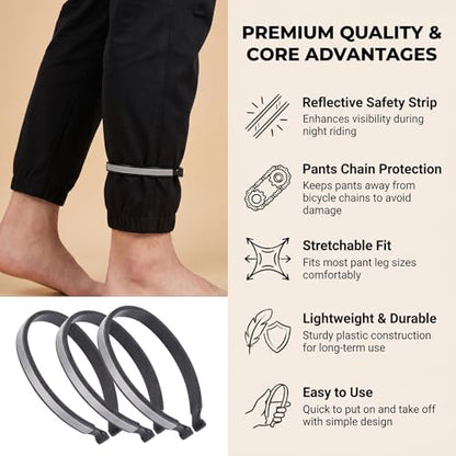 QUUPY 4Pcs Grey High Reflective Cycling Trousers Clips, Elastic Safety Ankle Cuff Bands, Outdoor Reflective Gear for Bicycle Riding, Fishing, Camping and Daily Outdoor Activities