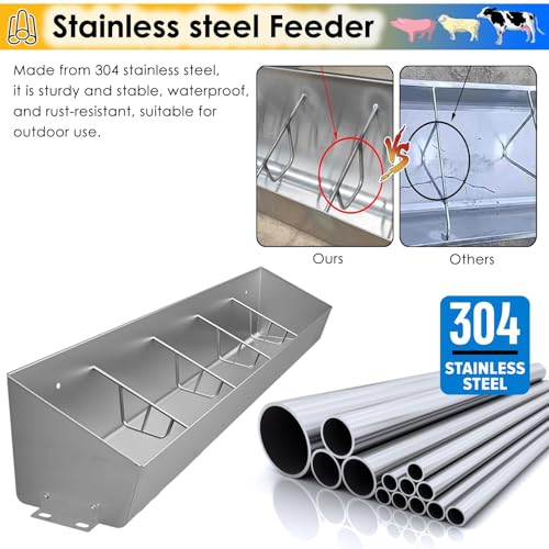 Stainless Steel Livestock Trough – 180cm Farm Animal Feeder, Wall or Ground Mount, Durable & Efficient Feeding Solution for Cattle, Horses, Goats & Sheep - size: 180cm Long/6 Bits