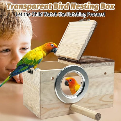 Tfwadmx Parakeet Nesting Box - Wooden Parrot Nest for Cockatiel, Lovebirds, Budgie, Conure - Acrylic Transparent Bird House With Perch for Breeding