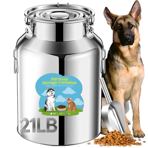 Newget 21lb Stainless Steel Dog Food Storage Container, Metal Pet Storage Container with Airtight Hangable Lid to Keep Food Fresh, Large Cat Food Storage Container with Scoop to Easily Clean - size: 21 lb