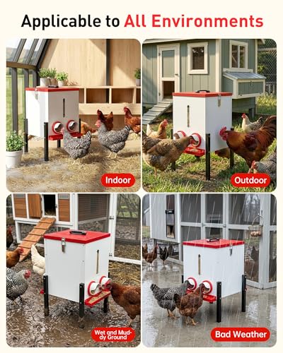 55 LBS Large Metal Chicken Feeder, 40L Automatic Poultry Feeder with 4 Feeding Ports, No Waste Catch Tray, Height Adjustable, Weatherproof for Chicken Coop Outdoor Backyard | 55 LBS Large Metal Chicken Feeder