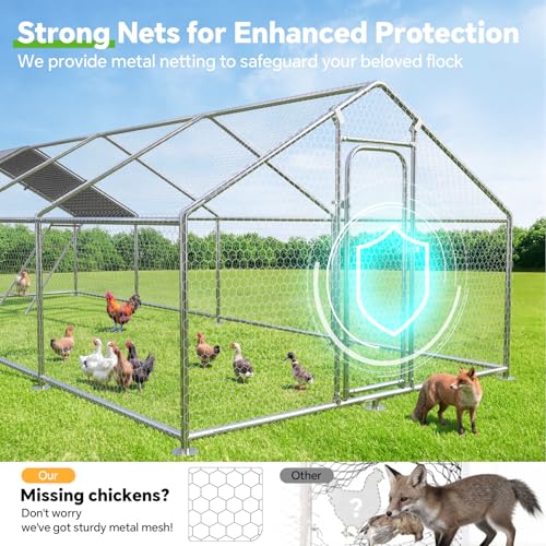 Large Metal Chicken Coop with Roosting Perch, Waterproof and UV Protection Cover, Chicken Run Outdoor Walk-in Cage Chicken Rabbit Duck Hen House for Yard Farm Use Spire Roof (10’ W x 26.2’ L x 6.4’ H) - size: 26x10Ft - Spire