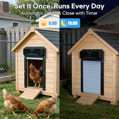 Automatic Chicken Coop Door with Remote Display, Solar Powered Roll-up Chicken Door, 393ft Long-Range Wireless Monitor, Anti-Pinch Auto Coop Door, Predator Protection Motion Sensor, No WiFi Needed
