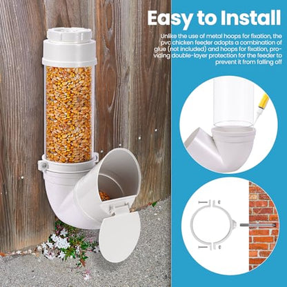 Automatic Chicken Feeder No Waste 6 Pounds Duty PVC Gravity Poultry Chicken Coop Feeder, Wall Mounted Visible Gravity Fed Poultry Feeder Tube with Rain Cover for Ducks Turkeys Geese Quails