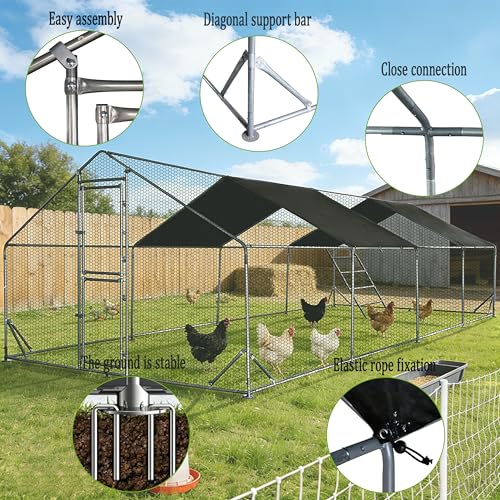 XCL Large Metal Chicken Coop, 26×10×6.5FT Walk-in Chicken Run, Spire Roof Poultry Cage with Waterproof Anti-UV Cover, Roosting Perch Outdoor Backyard Farm Enclosure for Duck Chicken (4-Unit Coop) - size: 4-Unit Coop