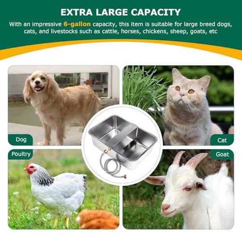 6 Gal Automatic Dog Water Bowl Dispenser Stainless Steel Dog Waterer for Large Breed Dogs, Outdoor Extra Large Bowl for Cats Pets Livestock Chicken