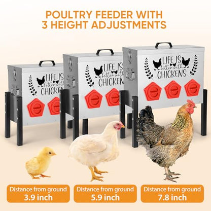 ‎Tgeyd 30 lb Large Capacity Automatic Chicken Feed Box with 6 Upgraded House-Shaped Flow Ports, Heavy-Duty Outdoor Metal Feeder with Adjustable Height & Locking Lid - color: Cockscomb Red