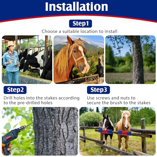 3 Pack Livestock Scratching Brush Itch Relief Horse Scratching Post Self-grooming Goat Scratcher with Durable Screws for Horse Pony Goat Sheep Pig Donkey (Blue and Red) - color: Blue and Red
