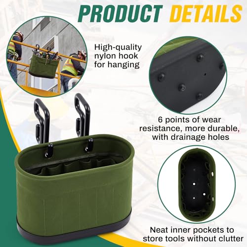 Vesici 1 Set Military Green Canvas Bucket Bag Including Hooks Aerial Oval Lineman Tool Bucket with Black Polypropylene Bottom 15 Pockets Tool Organizer for Industrial Maintenance Construction Sites - color: Military Green