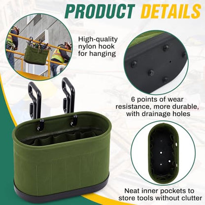 Vesici 1 Set Military Green Canvas Bucket Bag Including Hooks Aerial Oval Lineman Tool Bucket with Black Polypropylene Bottom 15 Pockets Tool Organizer for Industrial Maintenance Construction Sites - color: Military Green