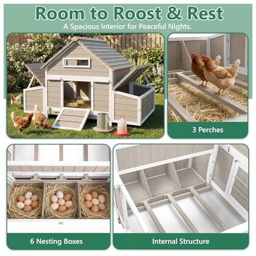 Large Chicken Coop for 4 - 6 Chickens with 6 Nesting Boxes, Wooden Outdoor Hen House with Pull-Out Tray, Backyard Chicken Coop with Weatherproof Openable Roof, 3 Perches, Expandable Run(61"L x 33.5"W) - size: 61.0"L x 33.5"W x 40.2"H