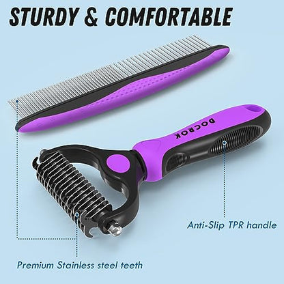 Docrok Pet Grooming Brush and Metal Comb Combo - Undercoat Rake for Dematting and Deshedding Long Matted Haired Dogs and Cats, Purple - color: Purple