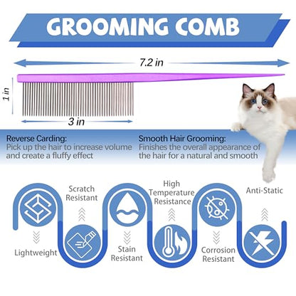 Grooming Pet Comb Rat Tail Dematting Cat and Dog Comb，Rounded Ends Design for Safe Tangle Removal, Hairstyling, Massage，Loose Hair Removal，Prevent Irritation，Fluffing Paws,Face,Tail,Remove Tear Stain - color: Purple