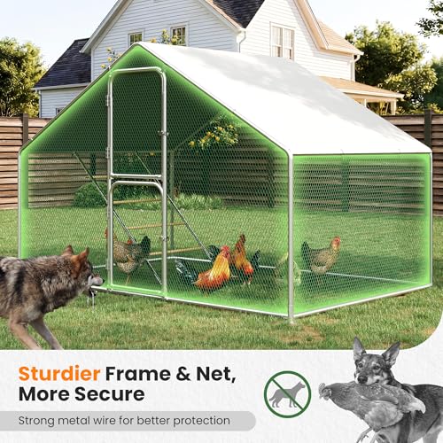 Metal Chicken Coops Walk-in Chicken Run with Waterproof Hardware Cloth Cover Poultry Cage with Split Double Door - color: Silver, size: 6.5'L × 9.8'W × 6.5'H