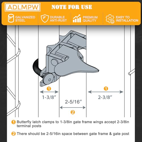 1-3/8" x 2-3/8" Chain Link Fence Butterfly Gate Latch, Galvanized Steel Gate Latch, with 1-3/8 Gate Frame & 2-3/8" Gate Post, U-Bolt & Nuts Included