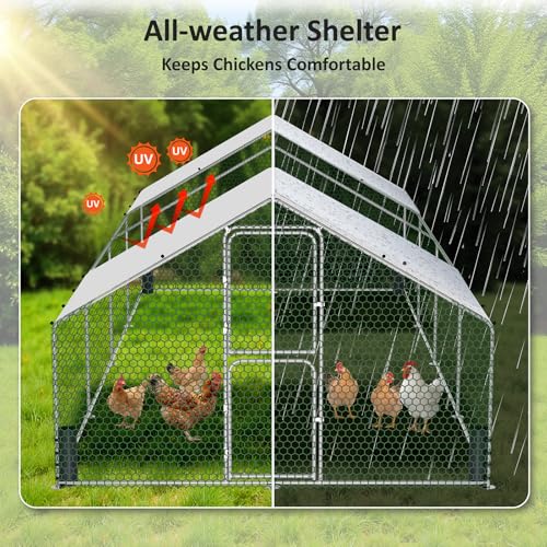 Large Metal Chicken Coop, Chicken Run with Feeding Door, Security Lock and Cover, Outdoor Walk-in Duck/Rabbit Cage Poultry Pen for Backyard, Farm, Yard (Silver - Spire Roof, 26.2 x 9.8 x 6.5 FT) - size: 314.9"L x 118.0"W x 78.7"H