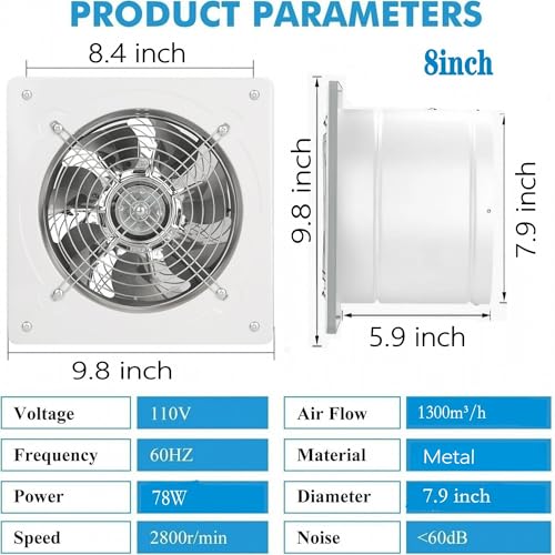 8 inch Exhaust Fan Wall Mounted Garage Ventilation Fan,500CFM Metal Attic Exhaust Fan Basement Extractor Fans with Backdraft Damper for Home Office Commercial Use(78W 110V 、White) - style: 8 inch
