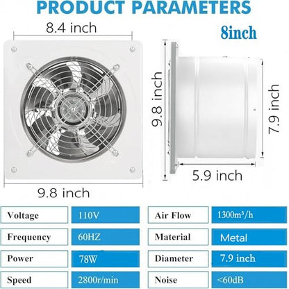 8 inch Exhaust Fan Wall Mounted Garage Ventilation Fan,500CFM Metal Attic Exhaust Fan Basement Extractor Fans with Backdraft Damper for Home Office Commercial Use(78W 110V 、White) - style: 8 inch