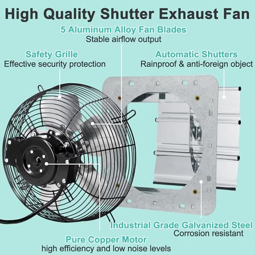 10 Inch Shutter Exhaust Fan with Thermostat and Speed Controller, Wall Mounted Vent Fan for Attic, Greenhouse, Shed, Garage, Chicken Coop, Shop Ventilation, 820 CFM, 1200 SQF Coverage Area - size: 10 Inch
