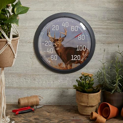 Taylor White Tail Deer Large Indoor Outdoor Dial Thermometer, Wireless Thermometer with Easy to Read Large Numbers for Patio, Pool, Garden or Garage, and Indoor Areas, 13.25-inch, White Tail Dee, Blue - style: White Tail Deer