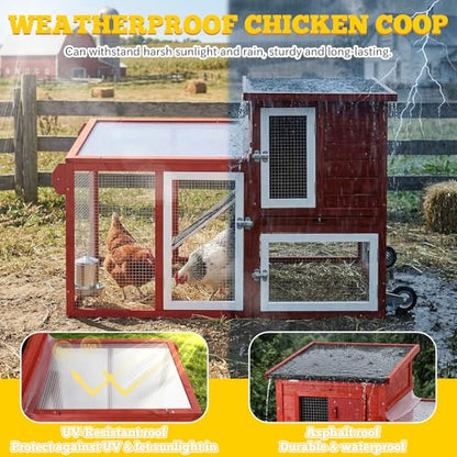 Mobile Chicken Coop with Wheels for 1–2 Chickens,Rabbit Hutch Indoor Outdoor, Small Chicken Coop Bunny Cage with Run, Waterproof Asphalt Roof & UV-Resistant Roof, Pull-Out Tray, Red