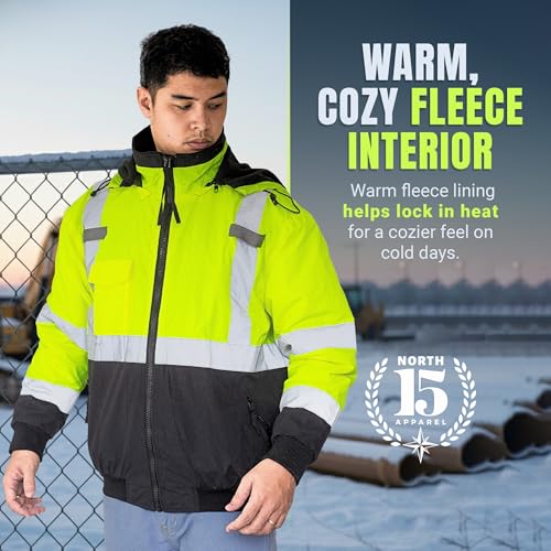 North 15 Men's High Visibility Reflectrd Hooded Safety Bomber Jacket, Fleece Lined - color: Yellow - Black, size: 3X-Large