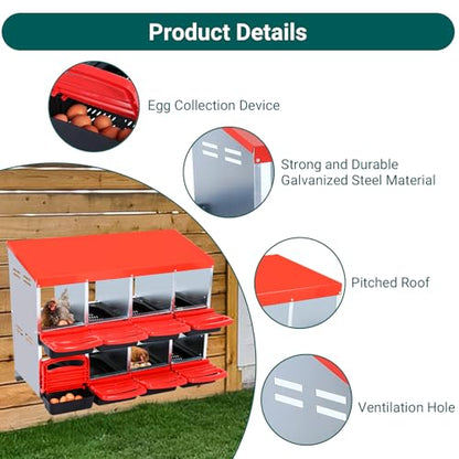 Chicken Nesting Box,8 Compartment Roll Away Nesting Box for Laying Eggs,Wall Mount Chicken Nesting Boxes,Easy Egg Collection,Cleanable Pull Out Hen Roosting Boxes 10 Hole,Red
