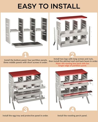 Chicken Nesting Box, 6 Compartment Roll Away Laying Box for Hens, Heavy-Duty Galvanized Steel, Front Egg Collection Tray, 6 Training Eggs Included - color: Red, size: 6 Compartments & 6 Eggs