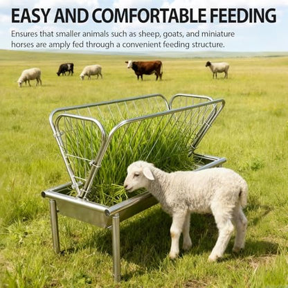 Large Capacity Heavy Duty Galvanized Steel Hay Feeder for Horses with 6Inch Deep Extra Wide Feed Pan, 2-In-1Design Hay Feeder for Goats, Horse, Calf Farm Feeding