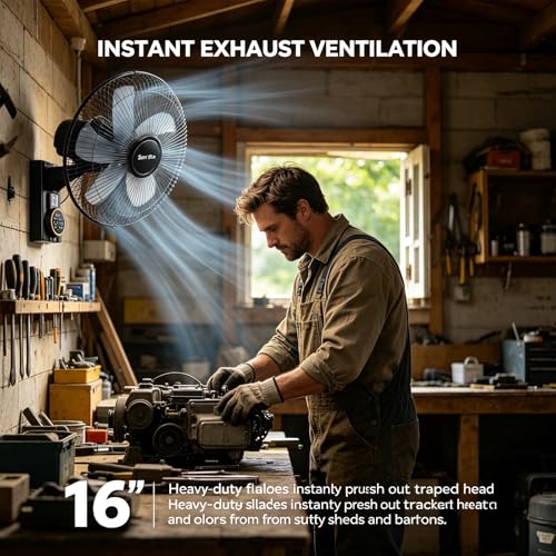 16" Solar Barn Fan for Chicken Coop and Greenhouse, Exhaust Wall Mount Fan with Remote, 16ft Extension Cable AC/Solar Dual Power, 90° Oscillating Waterproof Garage Cooling System
