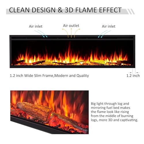 LegendFlame 72" W Smart Wall Mount & in Wall Recessed Electric Fireplace Insert, Heater 750W/1500W, Multi Colors of Flame & Fuel Bed, Alexa/Google Assistant Enabled - size: 72" DEEP