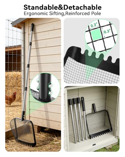 Stainless Steel Chicken Coop Scoop, 12-Inch Sifter Litter Scoop with Adjustable Handle, Heavy Duty Poop Scooper for Farm Animal Manure Cleaning, Backyard Poultry, Rabbit