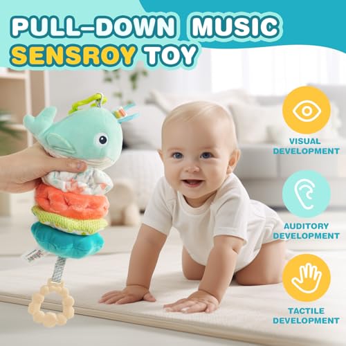 Jollybaby Baby Musical Pull String Hanging Toy for Stroller Car Seat Crib Play Gym, Plush Stuffed Whale Toy for Carseat with Music Teether Crinkle Paper, Sensory Toy for 0-6-12-18 Months Baby Gift - style: Whale