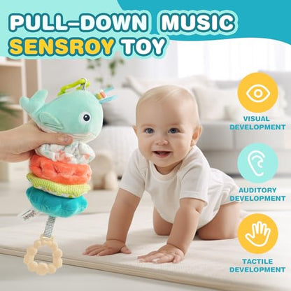 Jollybaby Baby Musical Pull String Hanging Toy for Stroller Car Seat Crib Play Gym, Plush Stuffed Whale Toy for Carseat with Music Teether Crinkle Paper, Sensory Toy for 0-6-12-18 Months Baby Gift - style: Whale