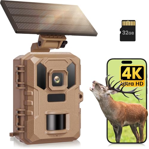 WiFi Trail Camera, 4K 64MP Game Cameras with Night Vision Motion Activated Waterproof IP66, 0.1s Trigger Trail cam with 32GB SD Card, Wildlife Camera with Built-in Battery Solar Panel