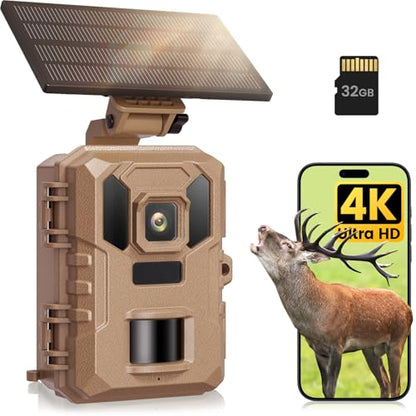 WiFi Trail Camera, 4K 64MP Game Cameras with Night Vision Motion Activated Waterproof IP66, 0.1s Trigger Trail cam with 32GB SD Card, Wildlife Camera with Built-in Battery Solar Panel