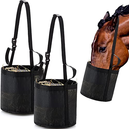 Sumind 2 Pcs Feed Horses Bag for Grain Hay Bags Heavy Duty Mesh Horse Feeder with Adjustable Strap Comfort Neck Pad Nose Pad and Waterproof Bottom Muzzle(Black) - color: Black