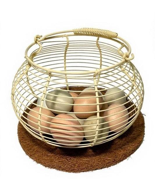 Egg Basket for Gathering Fresh Eggs, Retro Handle Egg Gathering Basket with Mat, Metal Egg Holder Countertop, Chicken Egg Basket for Farmhouse (Off-white) - color: Off-white