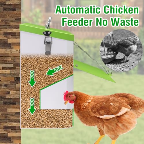 25LBS Automatic Chicken Feeder-No Waste Metal Poultry Feeder with View Window & Rain Cover,Hanging Chicken Food Dispenser for Outdoor Coops，No Assembly, Rodent Proof