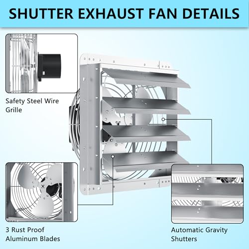 16 Inch Shutter Exhaust Fan, Aluminum Wall Mounted Exhaust Fan, 2060 CFM High Speed Automatic Shutter Attic Fan, Vent Fan For Greenhouse,Shed,Shop,Garage - size: 16 Inch