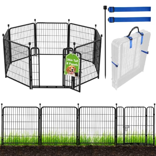 ADAVIN Metal Garden Fence with Gate, 36 in(H) 8 Panels Heavy Duty Iron Animal Barrier Fence, Indoor or Outdoor Dog Playpen, Camping Fence, No Dig Garden Border Fencing for Yard. Total 17.7 FT(L) - size: 8panels-36in(H)×17.7ft(L)