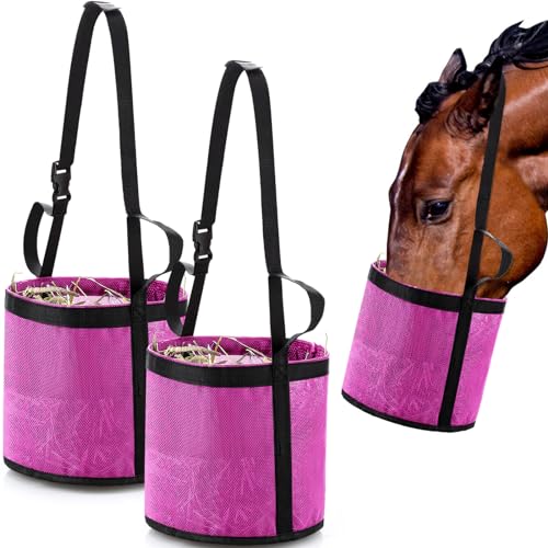 Sumind 2 Pcs Feed Horses Bag for Grain Hay Bags Heavy Duty Mesh Horse Feeder with Adjustable Strap Comfort Neck Pad Nose Pad and Waterproof Bottom Muzzle(Pink) - color: Pink