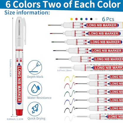 6 PCS Long Head Deep Hole Marker Pens,20mm Long Nib Marker,Longs Nose Markers,Waterproof Construction Markers Marking Tool,Permanent Markers Carpenter Ink marker Pens,Metal marking Pen - color: 6PCS-20MM-Red/Blue/Green/Black/White/Yellow