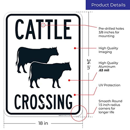 Cattle Crossing with Graphic Sign, 18x24 Inches, Rust Free .063 Aluminum, Fade Resistant, Made in USA - size: 18x24