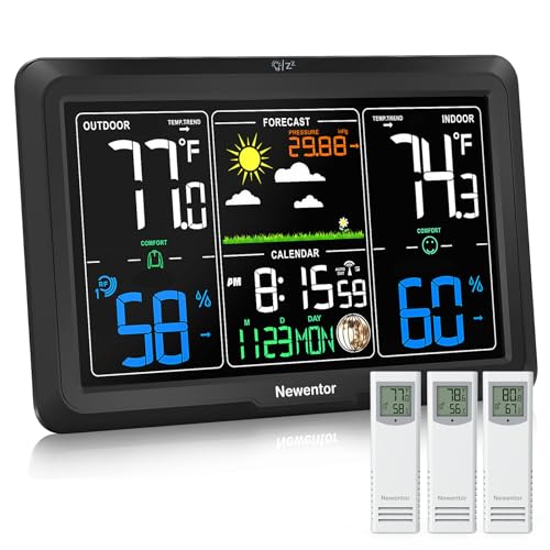 Newentor Weather Station Wireless Indoor Outdoor, Indoor Outdoor Thermometer Wireless, 7.5" Home Weather Stations with Atomic Clock, Temperature Humidity Gauge, Weather Forecast, Black, 3 Sensors - color: Black, size: with 3 Sensors