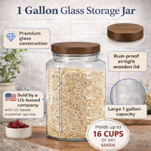 kitchentoolz Extra Large Mason Jar - 1 Gallon Glass Wide Mouth Jar with Airtight Wooden Lid, Food Storage Container with Measurement Markings For Kitchen Pantry, Pickling, Cookies, Flour & Sugar - size: Pack of 1