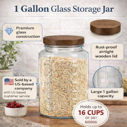 kitchentoolz Extra Large Mason Jar - 1 Gallon Glass Wide Mouth Jar with Airtight Wooden Lid, Food Storage Container with Measurement Markings For Kitchen Pantry, Pickling, Cookies, Flour & Sugar - size: Pack of 1