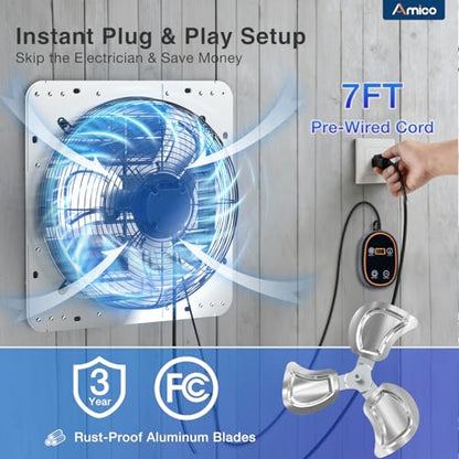 Amico 14" Shutter Exhaust Fan with Thermostat, 1775 CFM High Airflow Attic Fan for Garage up to 2500 Sq.Ft, 35W EC Motor 8-Speed Vent Fan, Auto-Close Louvers, Wall Mount, Plug & Play, FCC - size: 14 Inch
